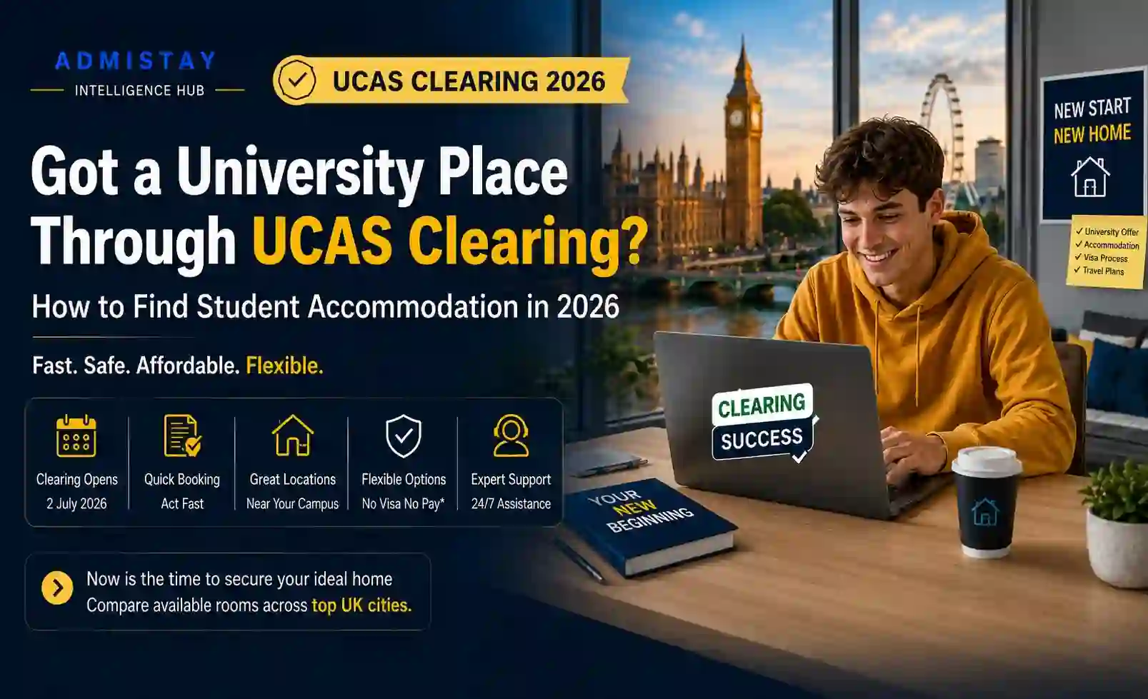 International student comparing UK accommodation options after receiving a UCAS Clearing offer